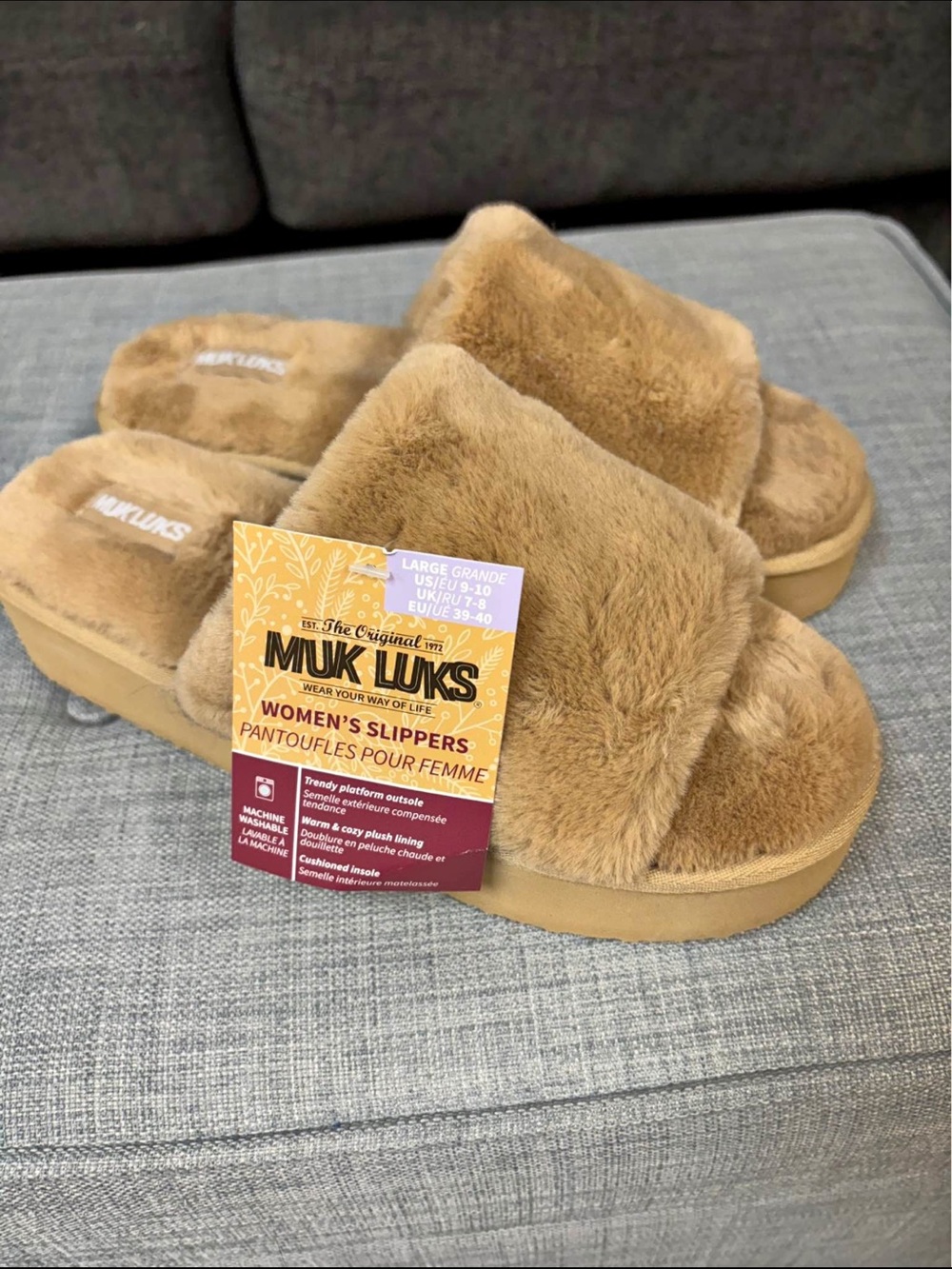 Muk Luks Plush Fuzzy Slide Slippers in Camel Brown